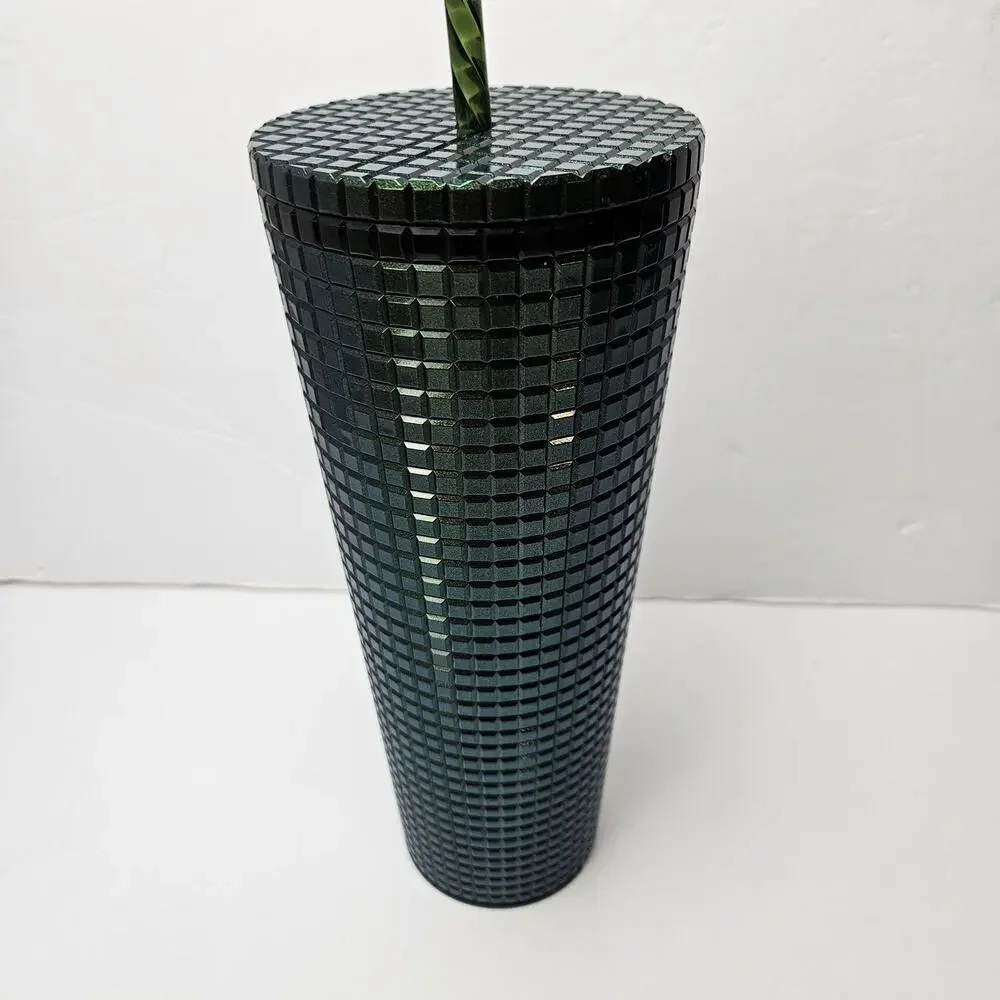 Starbucks 2021 Deep Green Disco Grid 24oz‎ Tumber Venti Straw